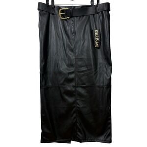 River Island Black Faux Leather Belted Midi Skirt Women's US 14 L